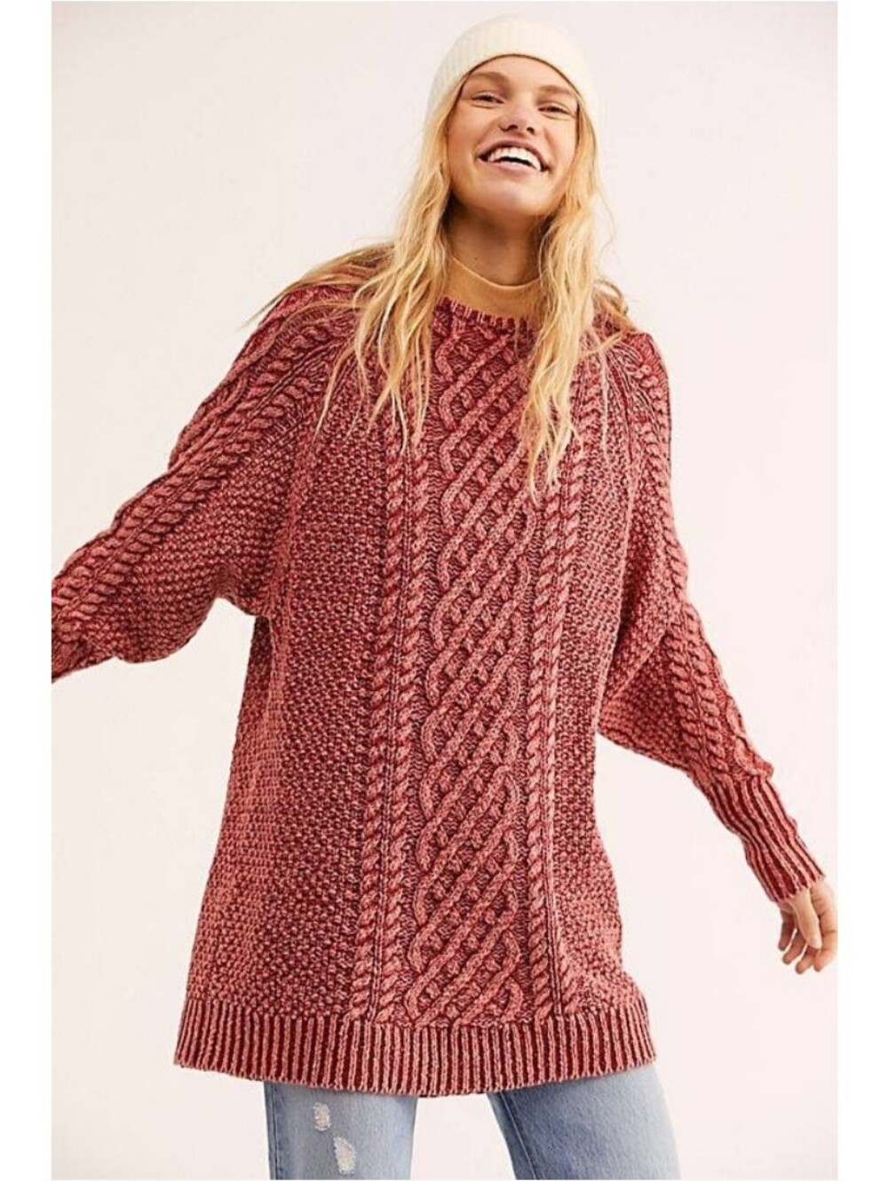 Free People On A Boat Cotton Ramie Oversized Cable Knit Sweater Dress Size XS
